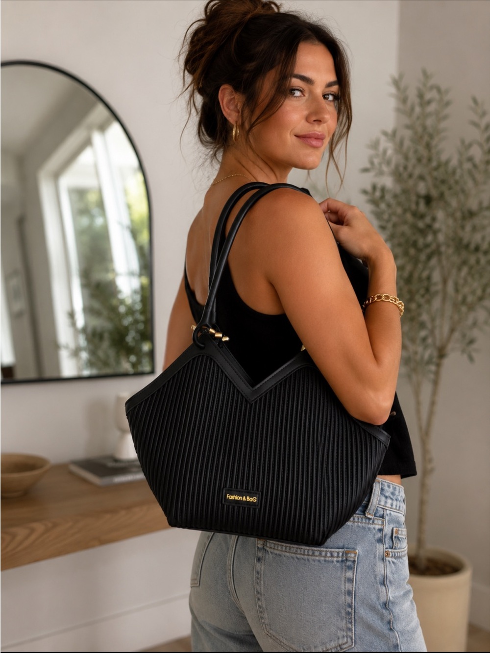 Black Quilted Chevron Tote soft material